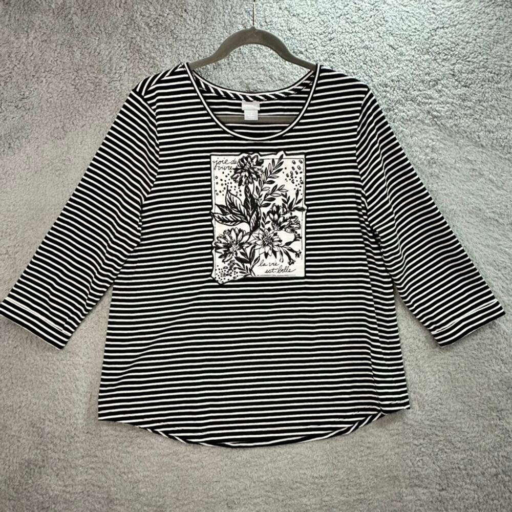 Chico's Size 2 Top Black White Striped Embroidered Floral Design Joie De Vivre
